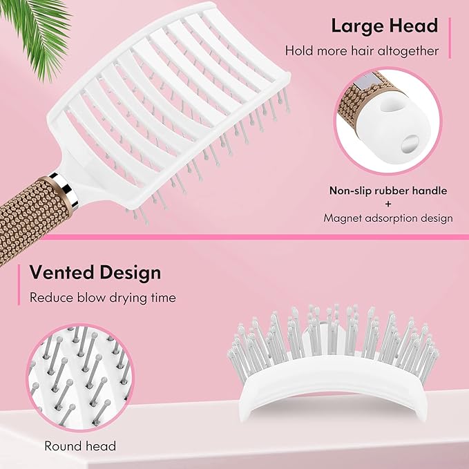 Hair Brush Set, Curved Vented Detangling Hair Brushes for Women Men Kids, Professional Vent Styling Brush for Wet Dry Curly Thick Straight Hair Fast Blow Drying Brush (Pink+ Black)