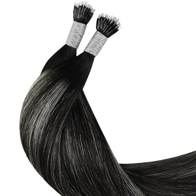 YoungSee Nano Extensions Human Hair Silver Nanobeads Hair Extensions Human Hair Ombre Black to Silver Nano-Rings Hair Extension Balayager Black Cold Fusion 1g/s 50g 22inch