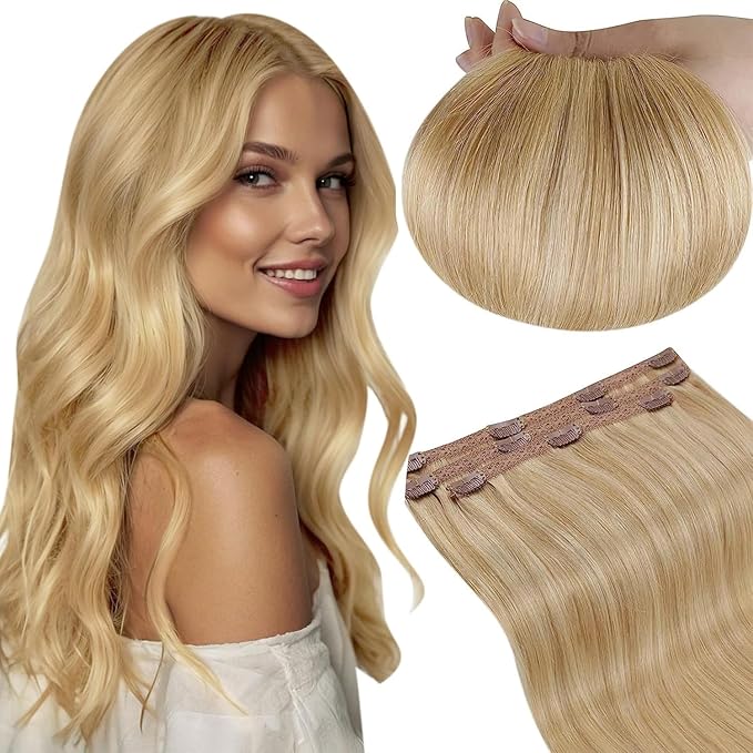 RUNATURE Blonde Clip in Hair Extensions, Human Hair Extensions Clip Ins, Remy Real Hair, Add Hair Length, Full Ends Clip in Extensions, Well Blended, 16 Inch 50g 3pcs #16P24 Golden Blonde Highlight