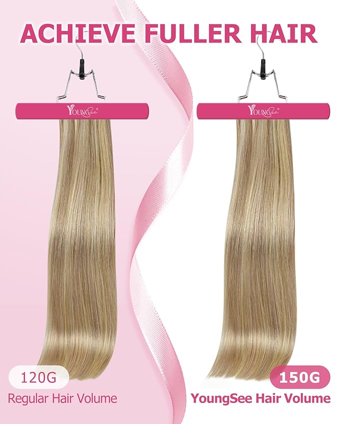YoungSee 150G Blonde Clip in Hair Extensions Highlight Light Blond with Golden Blonde Clip in Extensions Real Human Hair Dyable Blond Hair Extension Clip ins for Women 24Inch 7Pcs