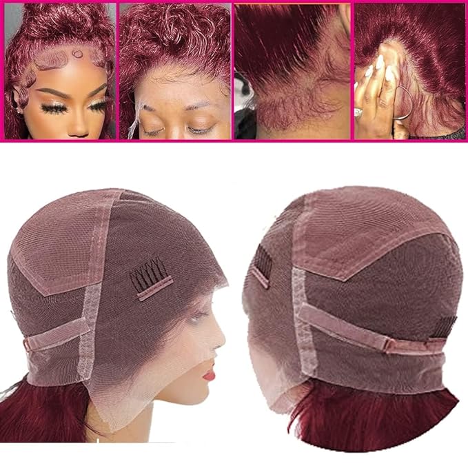 250 Density Burgundy Wig Human Hair Hidden Strap 360 Lace Front Wigs Human Hair Deep Wave Invisible Strap Pre Plucked Bleached Knots Glueless Drawstring Curly Human Hair Wig for Women (26inch)