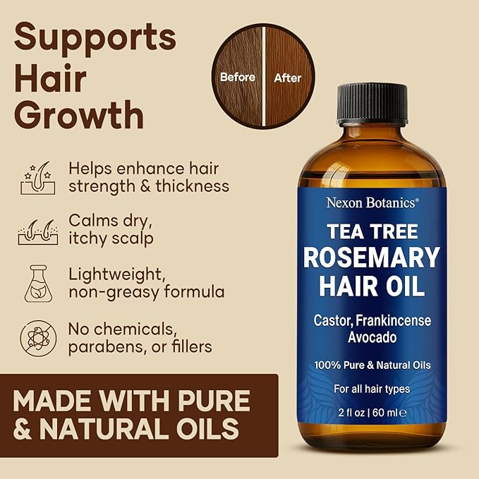 Tea Tree Rosemary Oil for Hair Growth 2 fl oz - Scalp Treatment with Castor, Frankincense & Avocado Oils - For Dry, Damaged Hair - Nexon Botanics