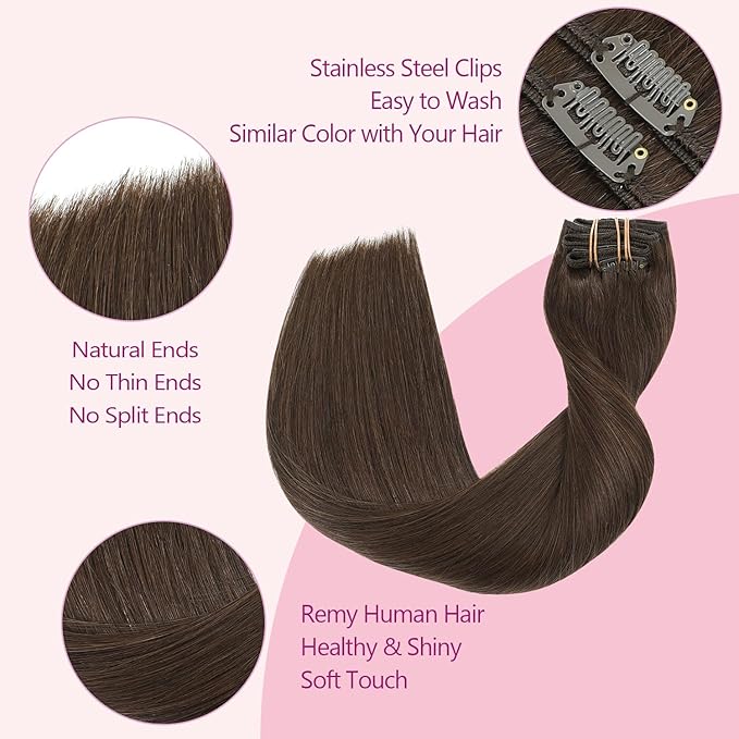 PINKPEARL Human Hair Clip in Hair Extensions 14inch #4 Chocolate Brown Clip in Hair Extensions Real Human Hair 7pcs 120g Natural Human Hair Clip ins for Women(#4-14)