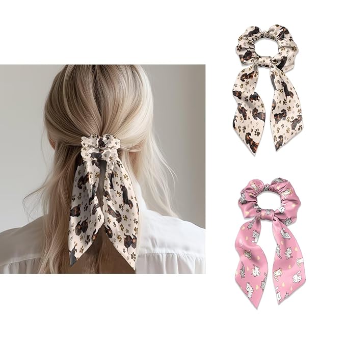Dachshund Cat Elastic Hair Ties No Damage Ribbon 2 Piece Stylish Satin Hair Scrunchies for Women Travel Soft Ponytail Holder Knotted Bow