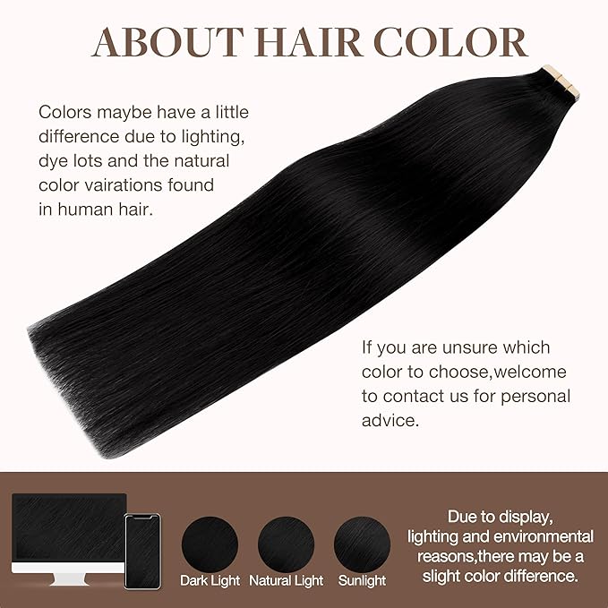 GOO GOO Tape in Hair Extensions Human Hair, 1 Jet black, 14inch 25g 10pcs, Skin Weft Seamless Invisible, Silky Straight with Thick Ends, Remy Human Hair