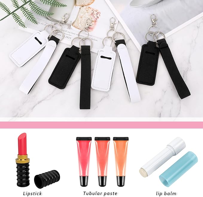 4 Pcs Keychain Chapstick Holder, Lipgloss Holder Keychain, Chapstick Holder Key Chain with Wristlet Lanyards, Lipstick Keychain Holder Lip Balm Sleeve for Women Girls