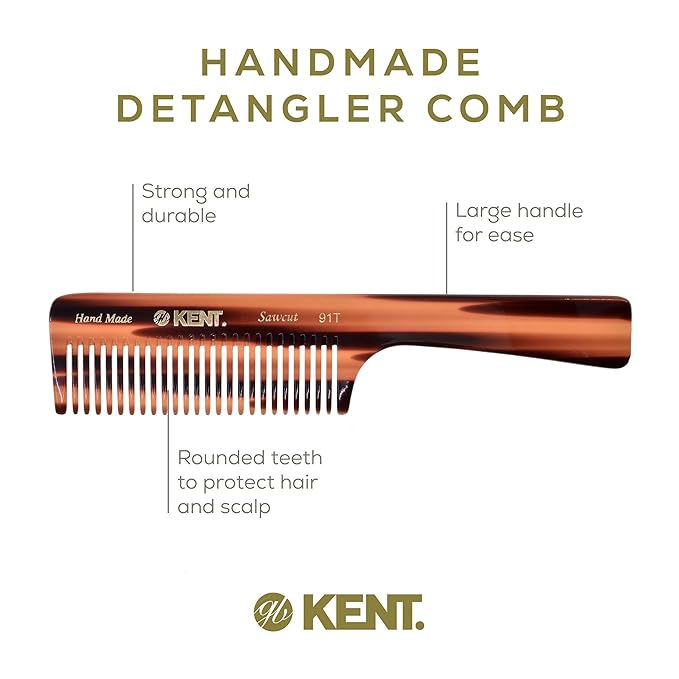 Kent 91T Wide Tooth Detangler Hair Comb for Women and Men - for Curly and Wavy Hair - Wet Hair Comb, Large Handle Wide Tooth Shower Comb for Effective Detangling, Saw-Cut Hand Polished made in England