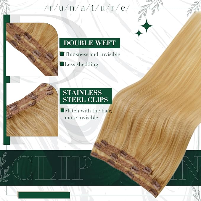 RUNATURE Real Human Hair Clip in Extensions Blonde, 14 Inch Clip in Hair Extensions Human Hair, Remy Hair Extensions Clip Ins, Easy to Maintain, 50g 3pcs #16P24 Golden Blonde Highlight