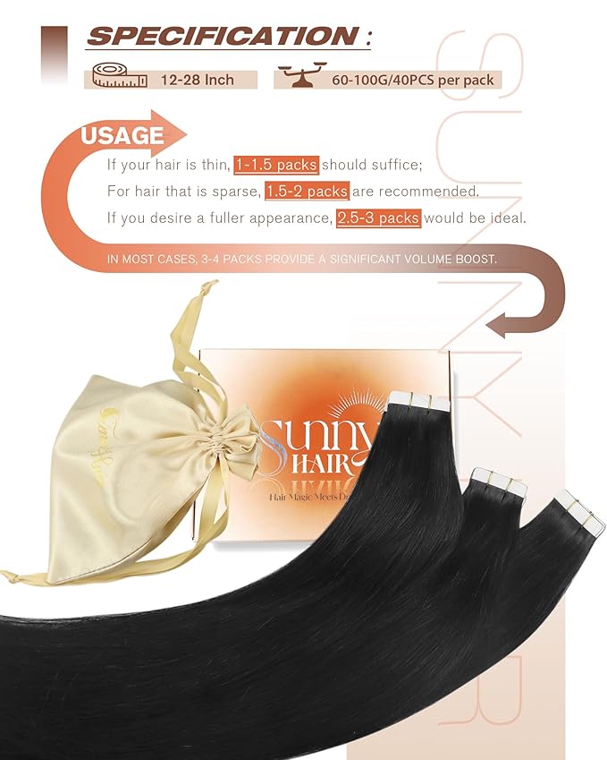Sunny Hair Tape in Extensions,Remy Hair Extensions Tape in Black Invisible Tape in Hair Extensions Human Hair 100g 22Inch