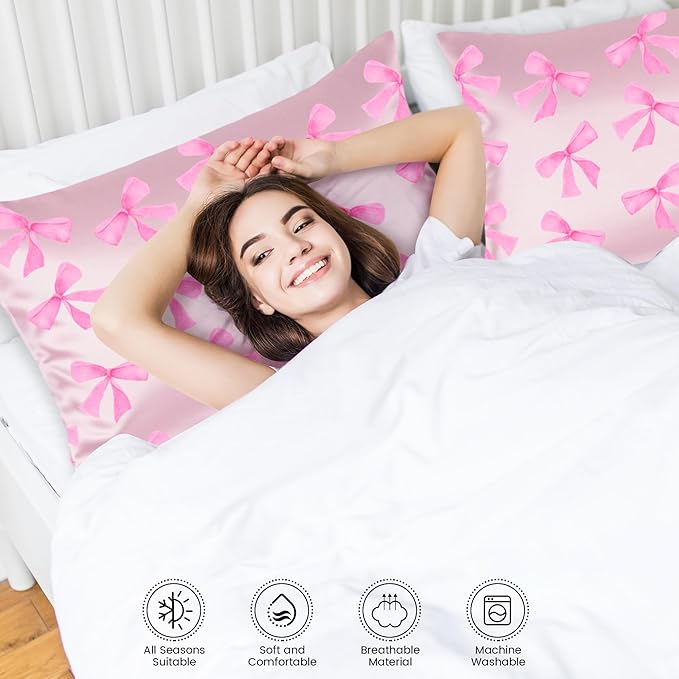 Pink Bow Satin Pillowcase for Hair & Skin Care, Queen Size Set of 2 - Luxurious Satin Pillow Cover with Envelope Closure(20x30 Inches)