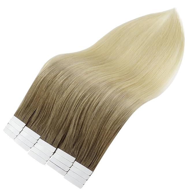 Full Shine Invisible Tape in Hair Extensions Human Hair 16 Inch Tape in Extensions Straight Hair Ombre Color 3 Dark Brown and 8 Fading to 613 Bleach Blonde 50 Gram Double Sided Tape Hair 20 Pcs