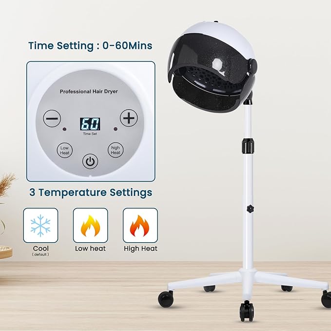 Hooded Hair Dryer, Professional Hood Dryer on Wheels, Sit Under Dryer, Standing Hair Dryer, White