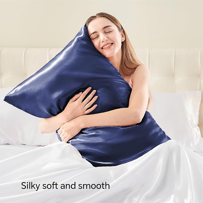 BEDELITE Satin Pillowcase with Zipper, Navy Pillow Cases Queen Size Set of 2, Super Soft and Cooling Similar to Silk Pillow Cases, Gift for Women Men(20x30 Inches)