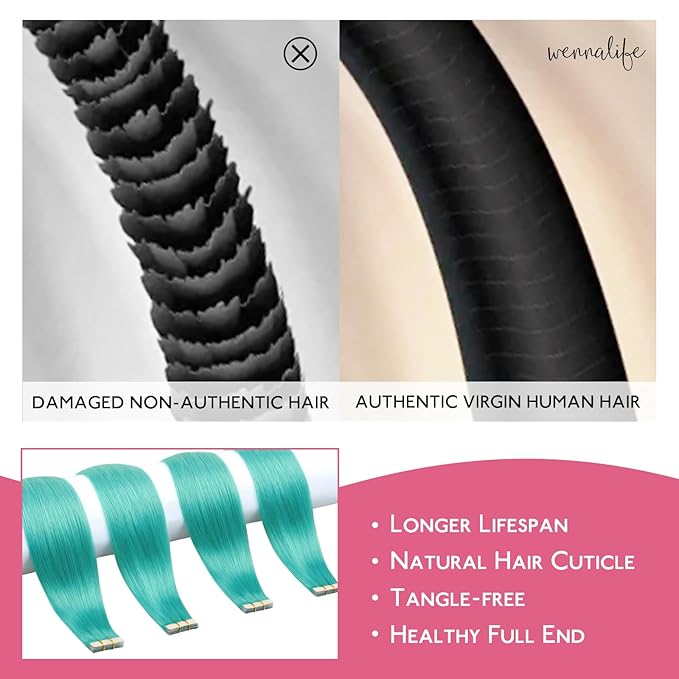 WENNALIFE Tape in Hair Extensions Human Hair Teal Green Tape in Extensions, 10pcs 20g 12 inch Remy Invisible Tape Ins Straight Colored Soft Real Human Hair Tape in Extensions Refill Set Extensions
