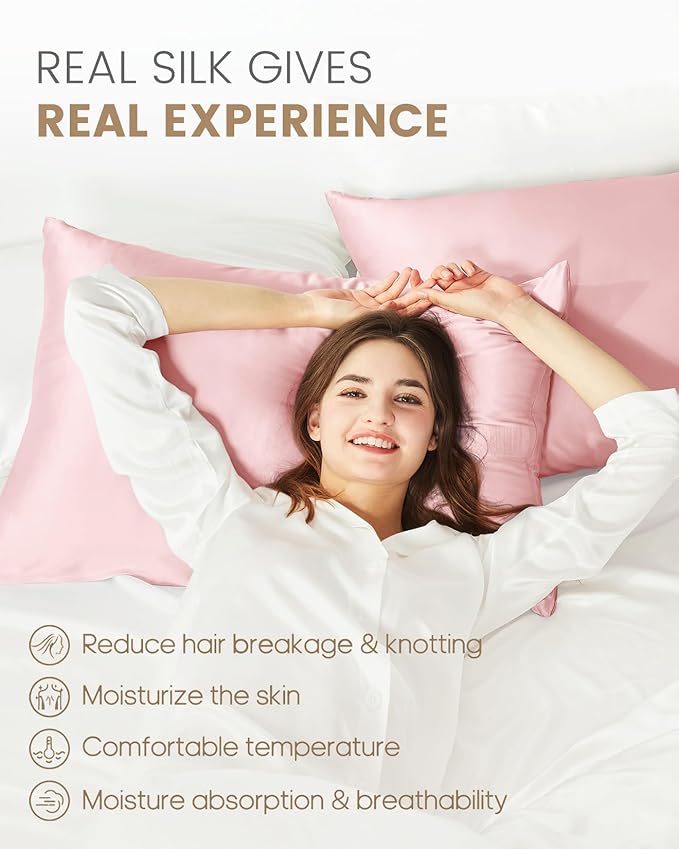 THXSILK Set of 2 100% Mulberry Silk Pillowcase for Hair and Skin Health, Soft Breathable and Smooth Pillowcases with Hidden Zipper, Both Sides Premium 6A+ Silk, California King 20"x40", Pink