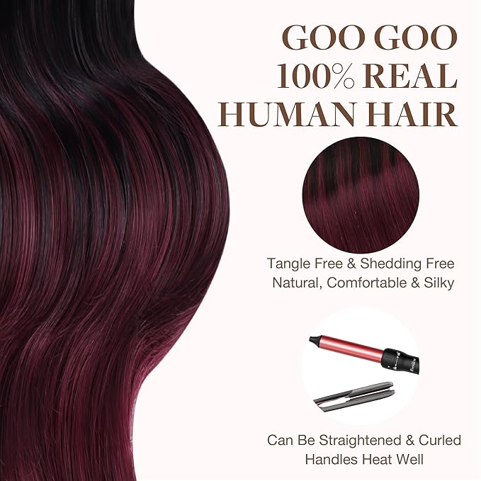GOO GOO Tape in Hair Extensions Human Hair, 1/99 Balayage Jet Black to Red, 14inch 100g 40pcs, Skin Weft Seamless Invisible, Silky Straight with Thick Ends, Remy Human Hair