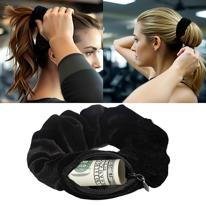 Velvet Scrunchie with Zipper Pocket for Women - Hair Tie with Hidden Storage Compartment for Cash, Lipstick, Keys & Valuables | Hidden Compartment Items for Travel (Black, 4PCS)