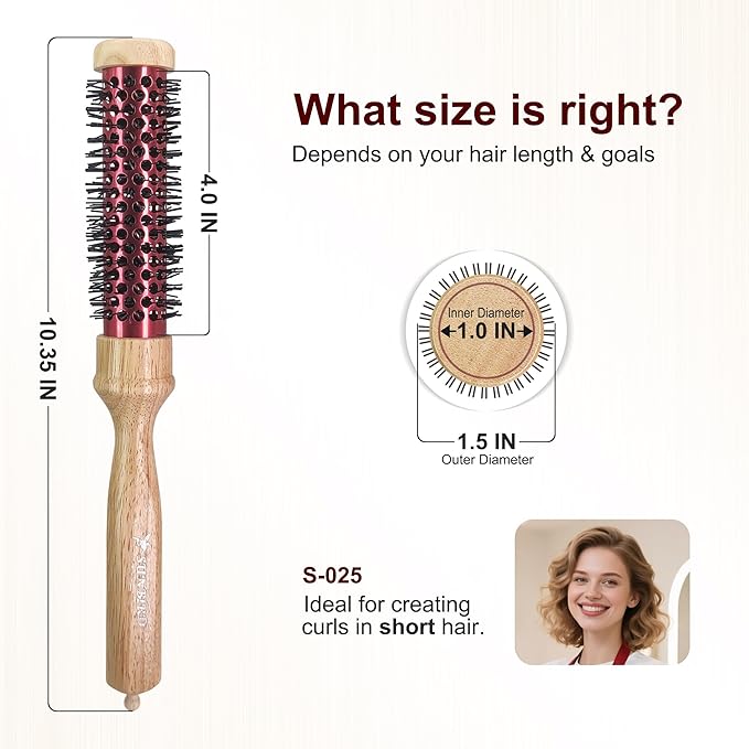 SUNBIRD Small Round Brush for Blow Drying - Wood Handle Professional Blowout Brush with Aluminium Ceramic Ionic Thermal Barrel for Smooth Hair, Volume & Heat Curly Styling (Outer Diameter1.5Inch)