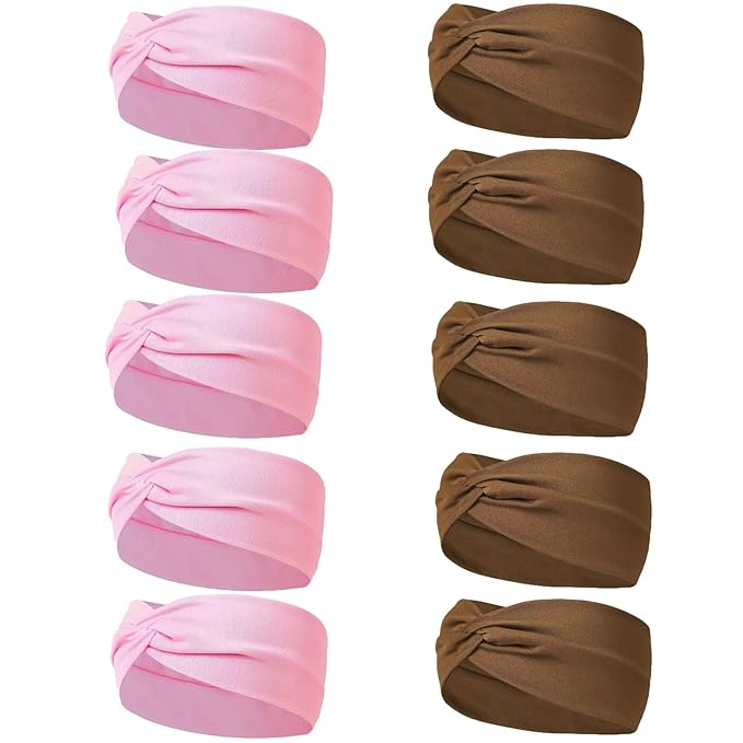 10 Pcs Wide Absorbent Sport Headbands for Women, Non-Slip, Stretchy, Soft Cotton Twist Knotted Hair Bands for Daily Workout Yoga Running Sports (Dark Brown, Light Pink)