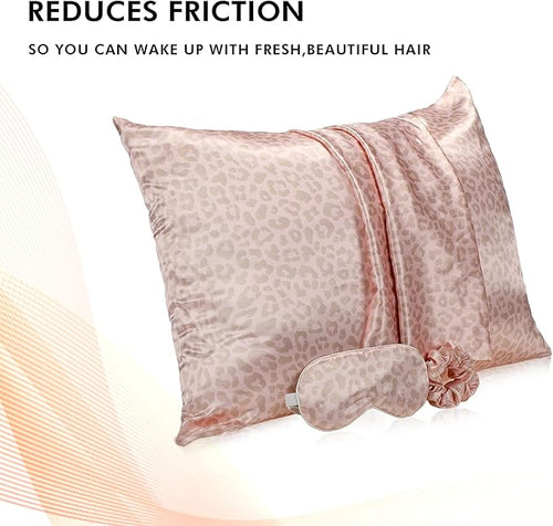 2 Pack Satin Pillowcase with Latent Zipper, Adjustable Satin Eye Mask for Sleeping and Satin Volume Scrunchie for Hair and Skin, Standard Size (Pink, Leopard Style)