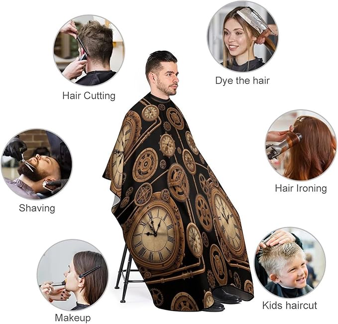 Unisex Vintage Steampunk Clock Hair Styling Cape, Lightweight Salon Cape Apron for Home Stylists, Haircut Tools