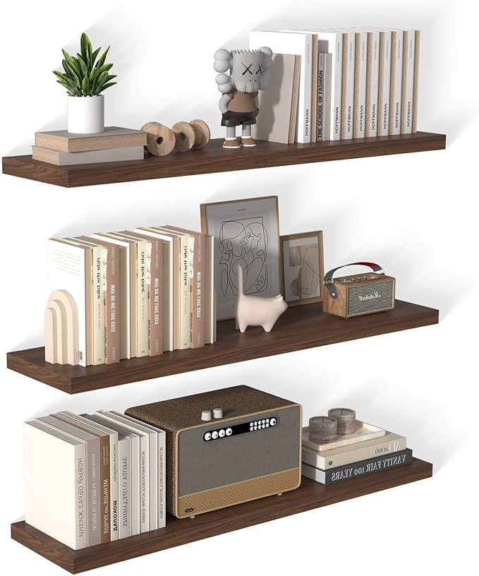 48 Inch Floating Shelf 3 Pack Large Floating Shelves for Wall No Drilling Accessories Included Deep Wall Shelves for Living Room Kitchen Farmhouse 48" W x 12" D x 1.2" Walnut