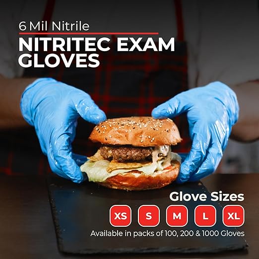 Heavy Duty 6 Mil Blue Nitrile Gloves Disposable Latex & Powder Free -Extra Stretchy Fentanyl Safe |Medical,First Aid Kit,EMT|Food Safe Rubber Gloves for Cooking & Cleaning| Pack of (200)
