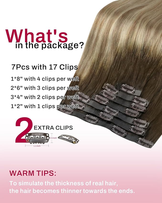 Moresoo Seamless Clip in Hair Extensions Human Hair Balayage Remy Straight PU Weft Human Hair Clip in Extensions Full Head Ombre Brown to Light Brown with Golden Blonde 7pcs/120g 22inch