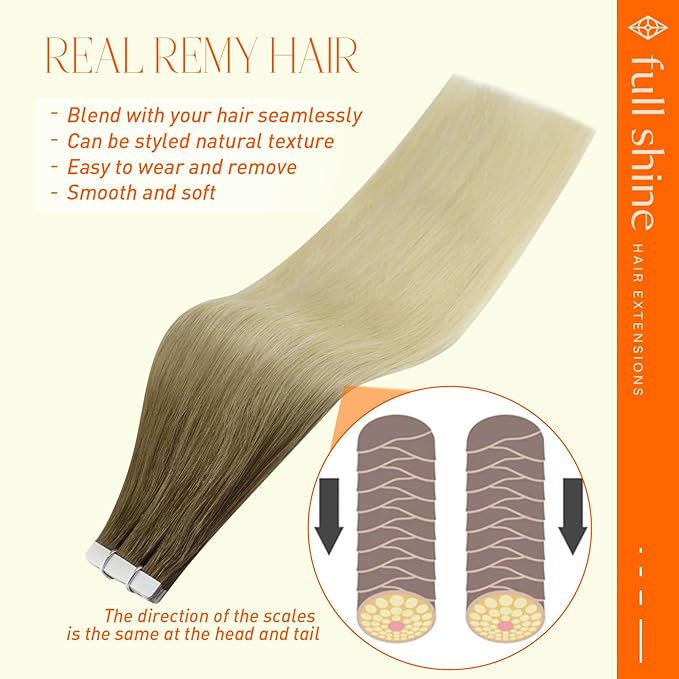 Full Shine Invisible Tape in Hair Extensions Human Hair 16 Inch Tape in Extensions Straight Hair Ombre Color 3 Dark Brown and 8 Fading to 613 Bleach Blonde 50 Gram Double Sided Tape Hair 20 Pcs