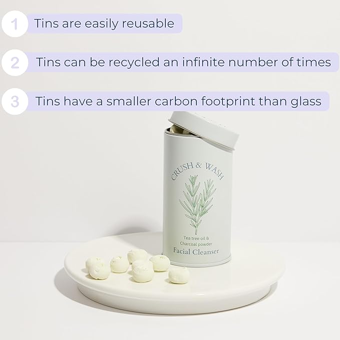 3-in-1 Solid Facial Cleanser, Exfoliator, and Wash-off Mask - Vegan, Cruelty-Free, Plastic-Free, Travel-Friendly, 1 Month Supply (60 Crushable Tablets) in Tin (Purifying Beans in Tin)
