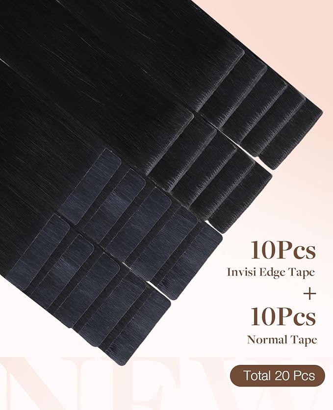GOO GOO Invisi Edge Tape in Hair Extensions Human Hair, 1 Jet black 10pcs injected with 10pcs classical tape ins, 18inch 50g, Virgin Remy Hair, Natural Look