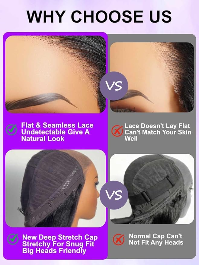 YIROO No Slip 7x5 Bye Bye Knots Yaki Straight Lace Front Glueless Drawstring Wig Human Hair with Deep Stretch Cap Fits All Head Sizes,Pre-Plucked Pre-Cut Wear and Go Wig for Women 150% Density 24Inch