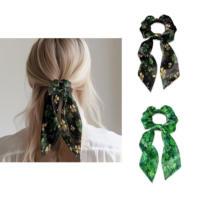 Four Leaf Elastic Bow Hair Ties Women Black Green Ribbon Scrunchies with Long Tails St Patricks Day Scrunchies with Ribbon Trendy 2 Piece