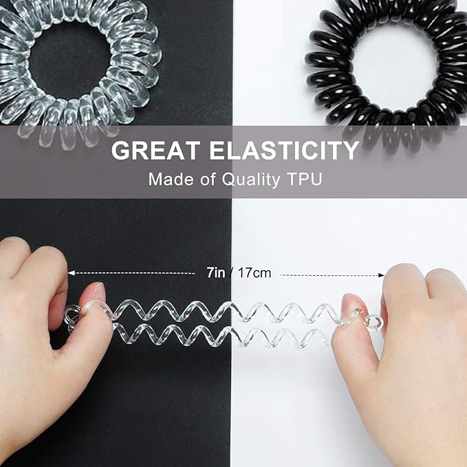TailaiMei 60 Pcs Spiral Hair Ties, Bulk No Crease Coil Hair Ties, Phone Cord Hair Ties for Thick Hair - Women Ponytail Holder Elastics(Black&Transparent)
