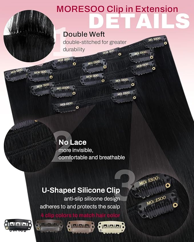 Moresoo Clip in Hair Extensions Real Human Hair Black 5pcs 80g Remy Straight Invisible Lace Double Weft Jet Black Human Hair Clip in Extensions #1 20inch