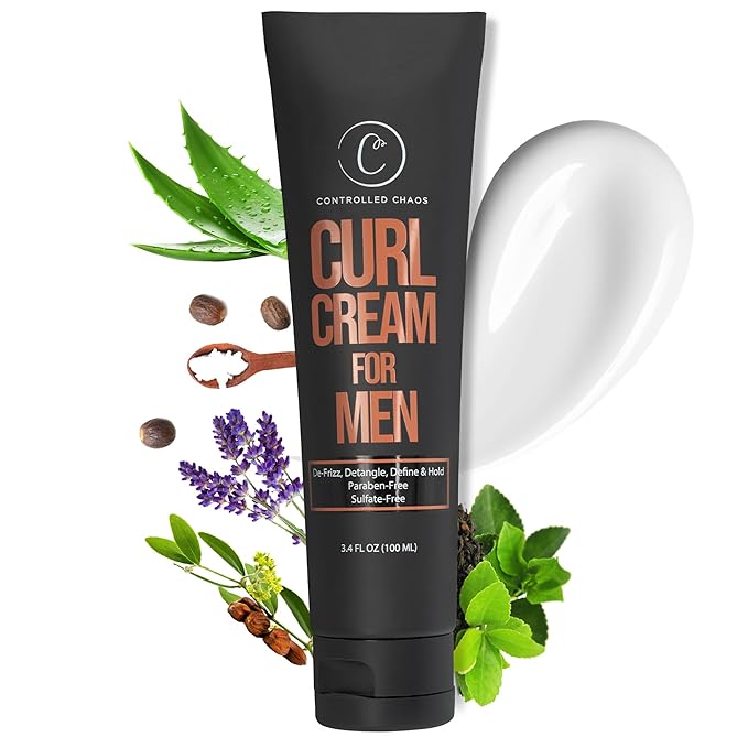 Controlled Chaos Curl Cream for Men - Hair Styling Cream For Wavy and Curly Hair With Shea Butter, Jojoba Oil, Coconut Oil, Add Smoothness, Anti-frizz, Sulfate-Free Curl Cream (3.4oz)