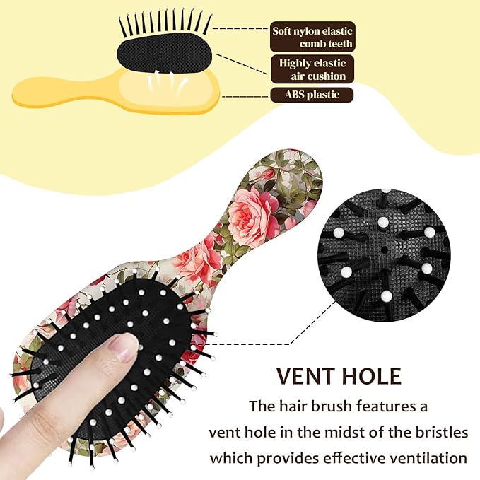 Mini Hair Brush,Cute Detangling Travel Hair Brush,Soft Bristles for Effortless Tangle Removal,Detangler Hairbrush for Women Men Boys Girls Kids Wet Dry All Hair Types (Pink White Roses, Mini)