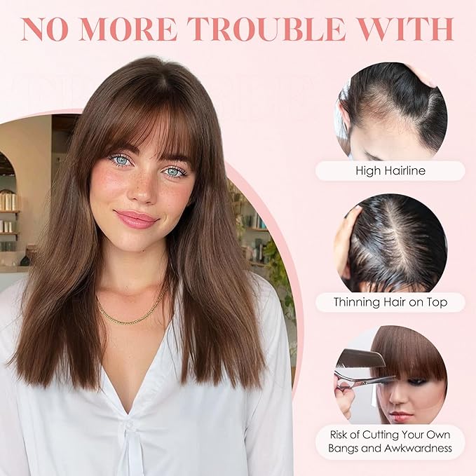 Hairro Human Hair Toppers with Wispy Bangs, 3.5x4.7" Hand-wovened Base for Women with Thinning Hair, Lightweight & Breathable Realistic Scalp, Clip-in Hairpieces for Easy Wear, 10 Inch Dark Brown