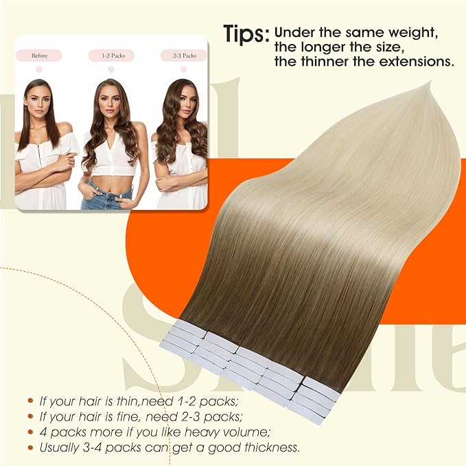 Full Shine Tape in Hair Extensions Human Hair Brown to Platinum Blonde Tape in Extensions Human Hair 20Inch Seamless Blonde Hair Extension Tape in Straight Skin Weft 20pcs 50G Real Remy Hair Extension