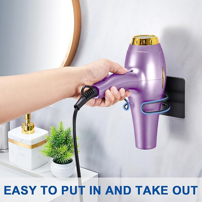 Blow Dryer Holder Wall Mounted, Hair Dryer Holder Stand for Most Hair Dryers Organizer and Storage, Self Adhesive Hairdryer Hanger Rack for Bathroom and Cabinet, Black
