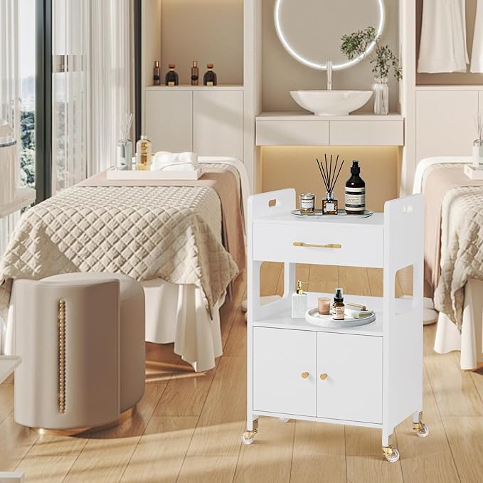 BarberPub Hair Salon Rolling Trolley for Storage, Barber Cart with Cabinet & Lockable Wheels, Beauty Spa Utility Styling Tools Organizer 2494 (White)