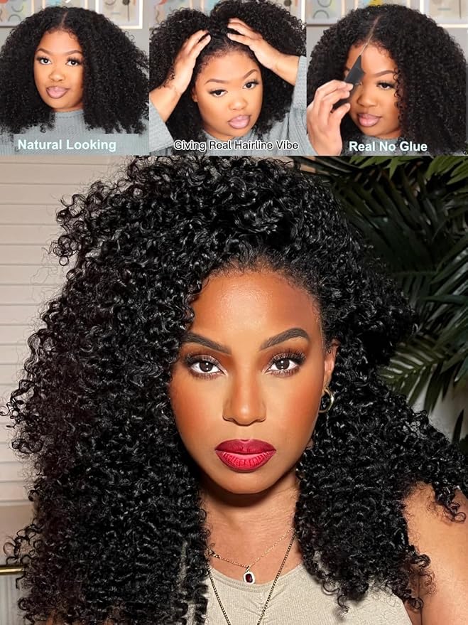 Julia Hair Bye Bye Knots 4C Kinky Curly Glueless Natural Hair Wig 7x5 Pre Cut HD Lace Front Kinky Edges Hairline Wig Pre Bleached Pre Plucked Virgin Hair with Baby Hair for Black Women 20 Inch