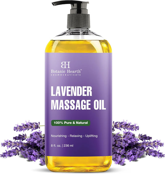 Lavender Massage Oil with Pure Lavender Oil (8 Fl Oz) Skin Tightening Massage Oil for Massage Therapy and Instant Absorption for Bum Thighs and Belly by Botanic Hearth