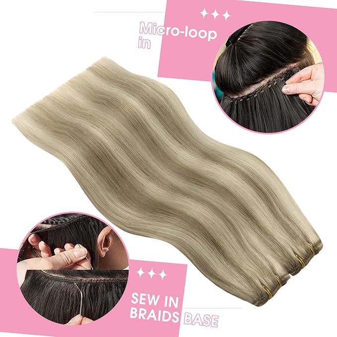 YoungSee Human Hair Sew in Extensions Highlight Straight Hair Extensions Weft Light Brown with Blonde Highlight Sew in Hair Extensions Real Human Hair for Women 18In 100G
