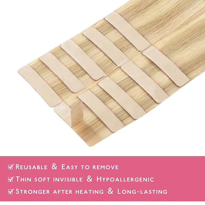 WENNALIFE Tape in Hair Extensions Human Hair Light Blonde Highlighted Golden Blonde Tape in Extensions, 10pcs 25g 14 inch Remy Invisible Tape Ins Straight Soft Real Human Hair Tape in Extensions