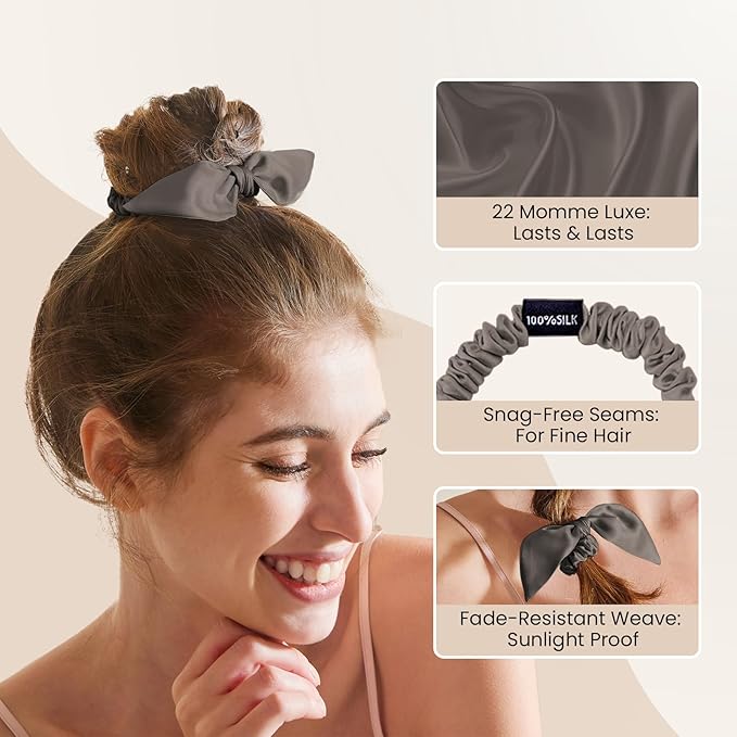 THXSILK 100% Mulberry Silk Bow Scrunchies 3-Pack, 22 Momme Mulberry Silk Hair Ties for Women, Cute Bunny Ear No Damage Ponytail Holders, Fashion Hair Accessories for Girls(S, Dark Grey)