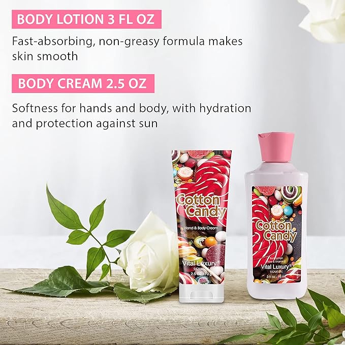 Cotton Candy Bath & Body Kit, 3 Fl Oz, Ideal Skincare Gift Home Spa Set, Includes Body Lotion, Shower Gel, Body Cream, and Fragrance Mist, Birthday Mother's Day Gifts