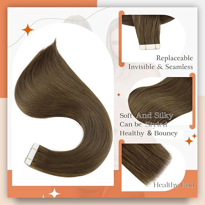 Full Shine Brown Tape in Hair Extensions Color 3 Brown Tape in Extensions Human Hair 22Inch Remy Seamless Invisible Skin Weft Cuticles Aligned 40Pcs for Women Daily Office Look 100G