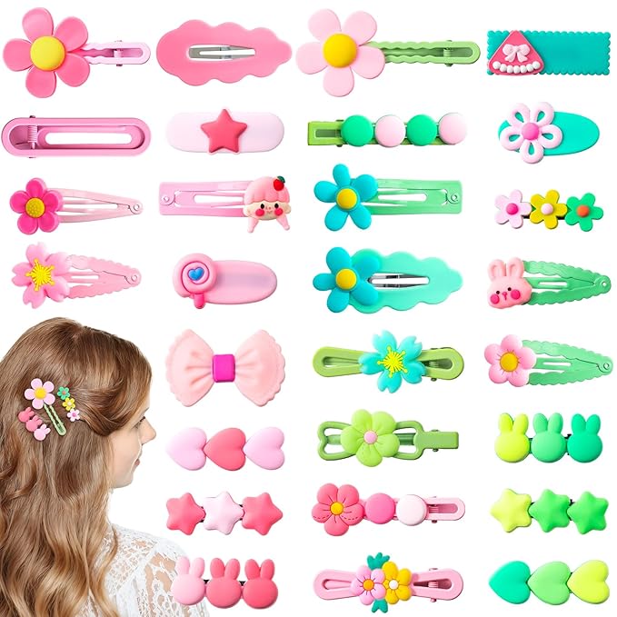 28pcs Cute Candy Hair Clip, Non-Slip Snap Clip for Teen Women, Star Flower Muti-Shape Hairpin Cute Barrettes Hair Accessories for Thin Thick Long Short Hairstyles- Pink & Green