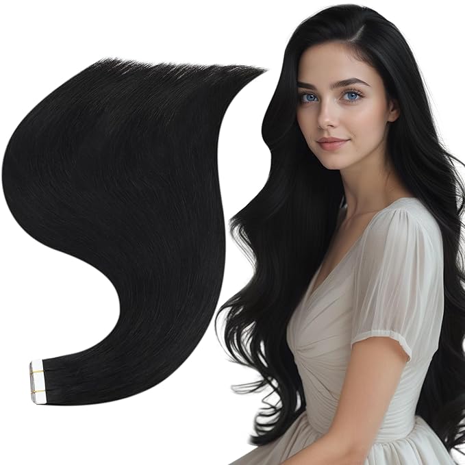 Full Shine Real Human Hair Tape in Extensions Color 1 Jet Black Remy Tape in Real Remy Skin Weft 24Inch Double Sided Invisible Seamless Hair Extension Silky Straight 20Pcs 50G for Wedding